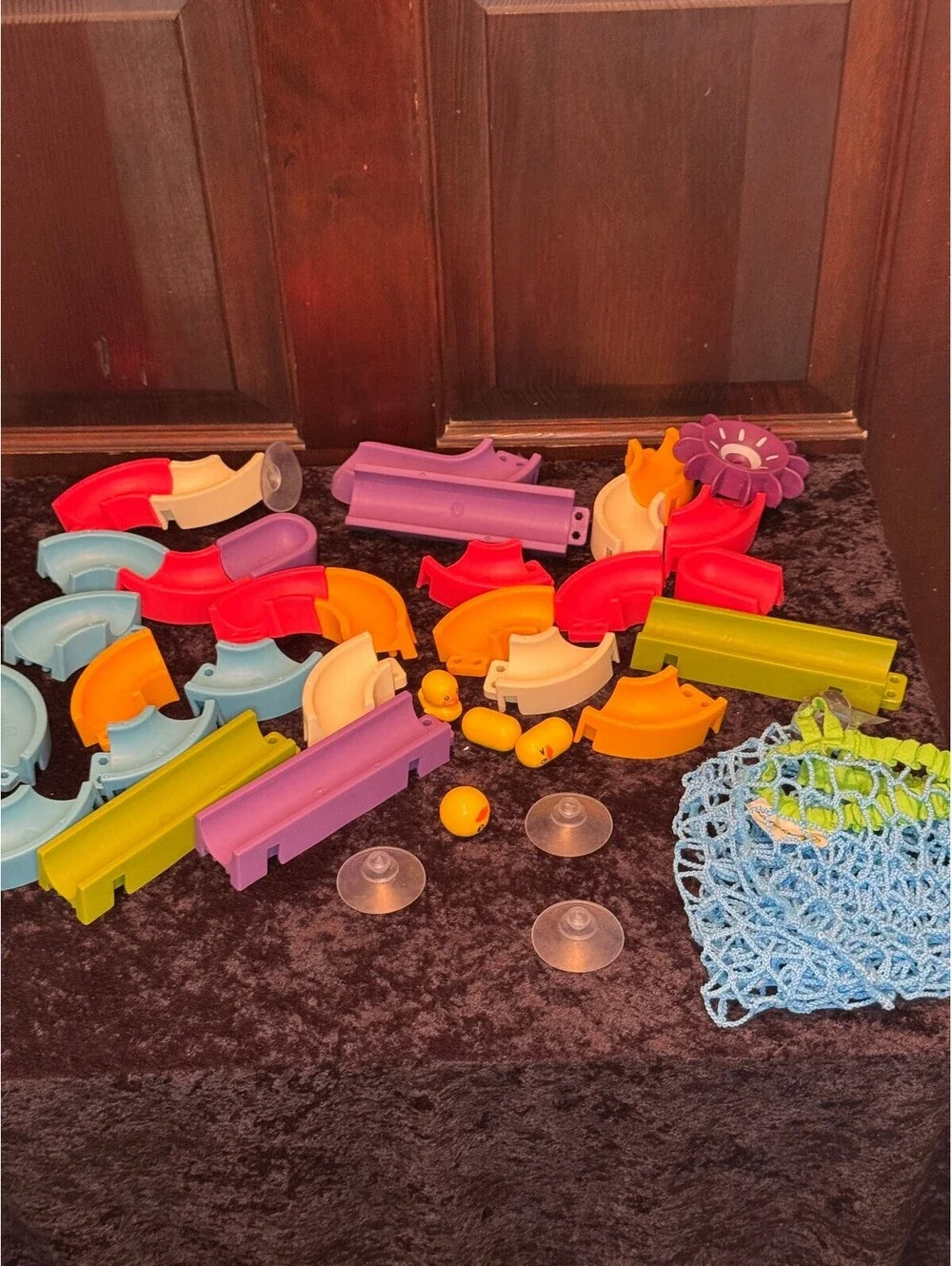 Colorful Modular Plastic Bath Track Pieces with Suction Cups and Duck Figures